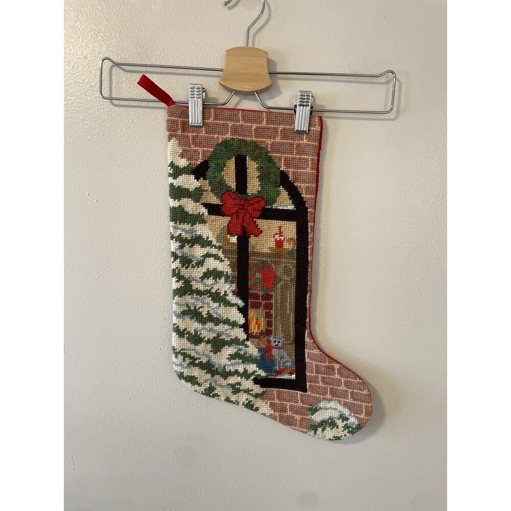 Vintage Christmas Wool Needlepoint Stocking Snowing Tree Winter Dog Fireplace